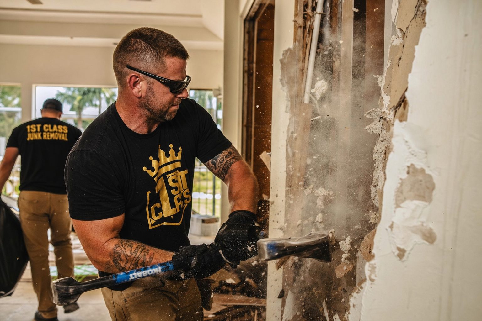 1st Class Junk Removal demolition worker tearing down wall in Florida home
