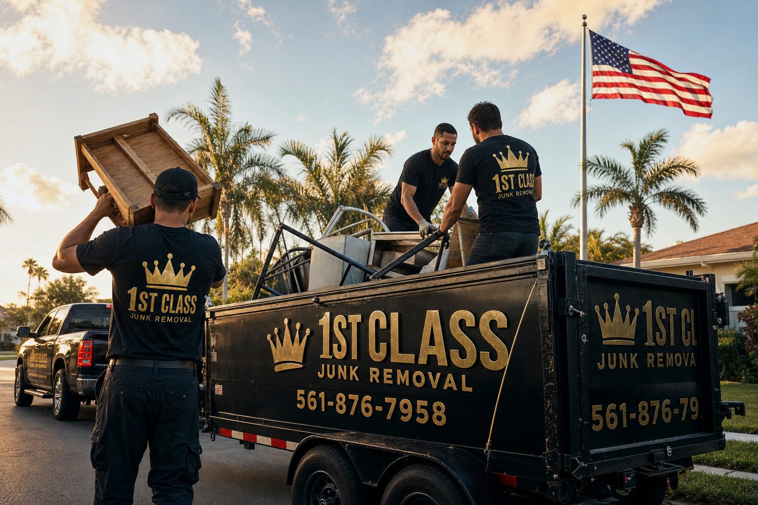 1st Class Junk Removal crew loading branded trailer in Palm Beach County FL